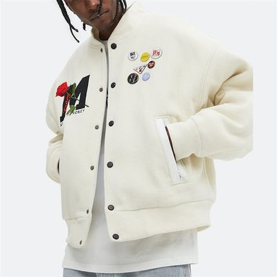 OEM เย็บปักถักร้อยที่กำหนดเอง Varsity Jackets Winter 100% Wool Rose Fleece Letter Bomber Jacket