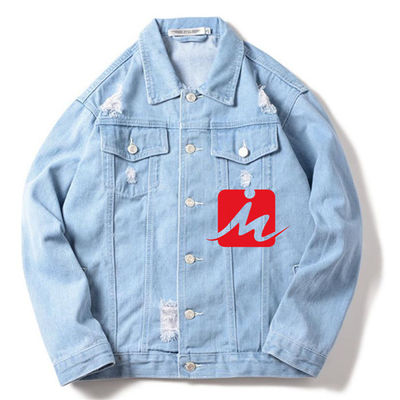 แจ็คเก็ตยีนส์ผ้าฝ้ายโพลีเอสเตอร์เย็บปักถักร้อย Streetwear แจ็คเก็ตขี่สบาย ๆ