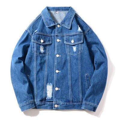 แจ็คเก็ตยีนส์ผ้าฝ้ายโพลีเอสเตอร์เย็บปักถักร้อย Streetwear แจ็คเก็ตขี่สบาย ๆ