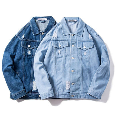 แจ็คเก็ตยีนส์ผ้าฝ้ายโพลีเอสเตอร์เย็บปักถักร้อย Streetwear แจ็คเก็ตขี่สบาย ๆ