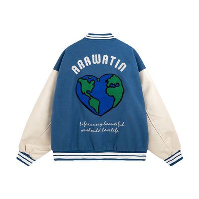 เสื้อแจ็กเก็ตตัวแทนเย็บปักถักร้อยแขนหนัง เสื้อแจ็กเก็ตตัวแทนเบสบอล Bomber Unisex