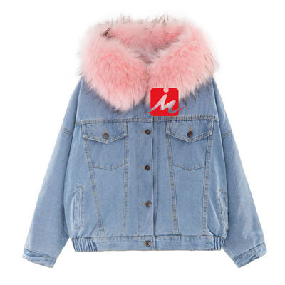 แจ็คเก็ตยีนส์ปัก Mezclilla Heavy Chamarra Dama Winter Button Fur Denim Jacket